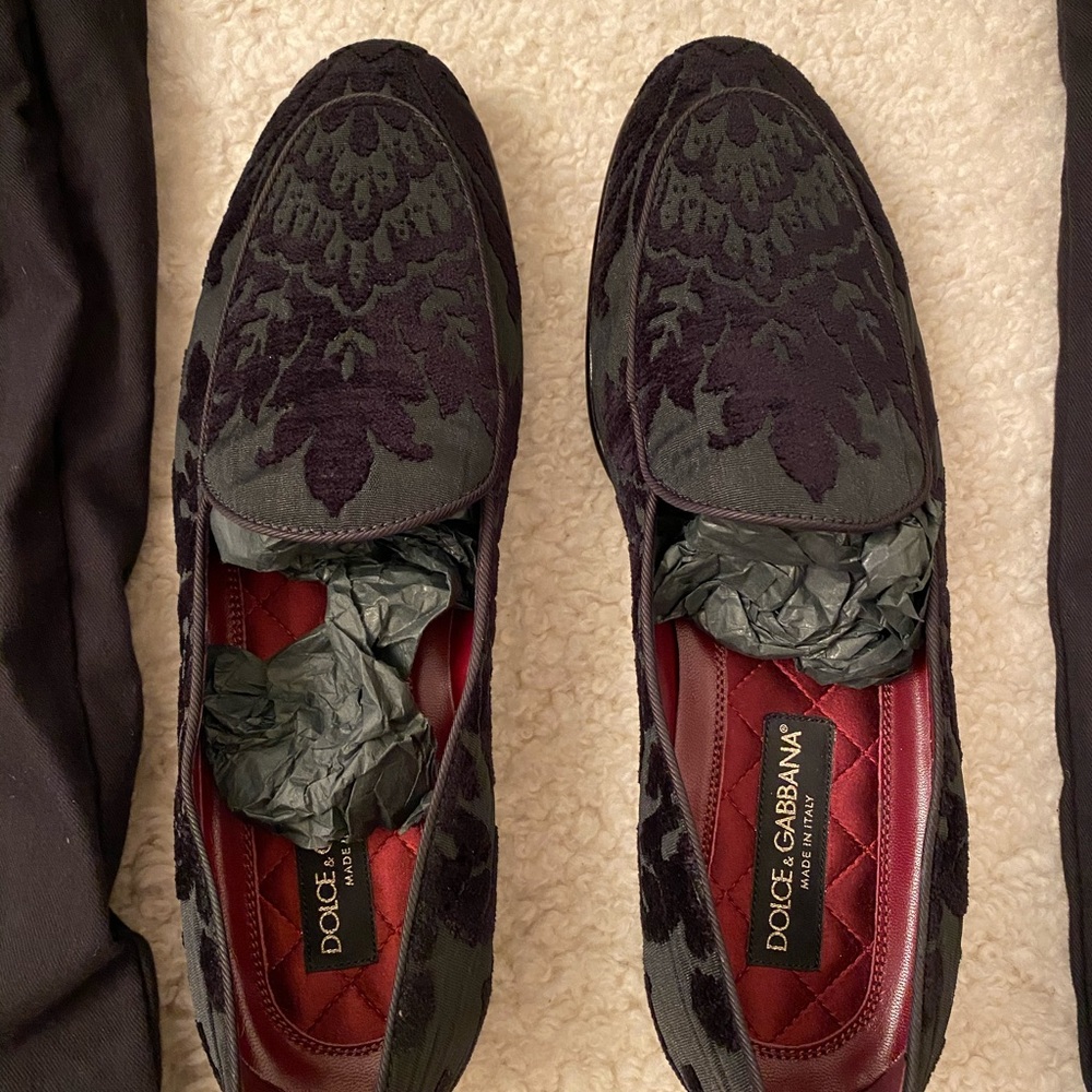 NBW Dolce & Gabbana black velvet loafers.